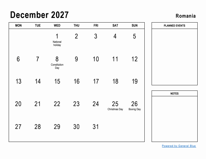 December 2027 Printable Monthly Calendar with Romania Holidays