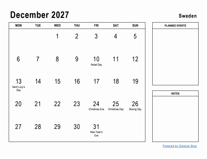 December 2027 Printable Monthly Calendar with Sweden Holidays