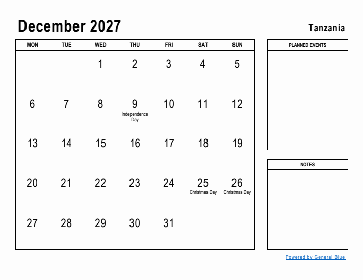 December 2027 Printable Monthly Calendar with Tanzania Holidays