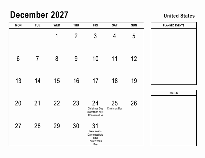 December 2027 Printable Monthly Calendar with United States Holidays