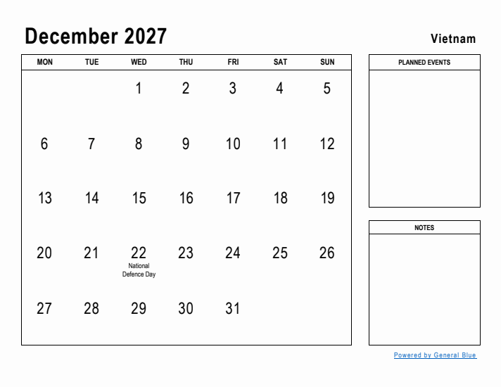 December 2027 Printable Monthly Calendar with Vietnam Holidays