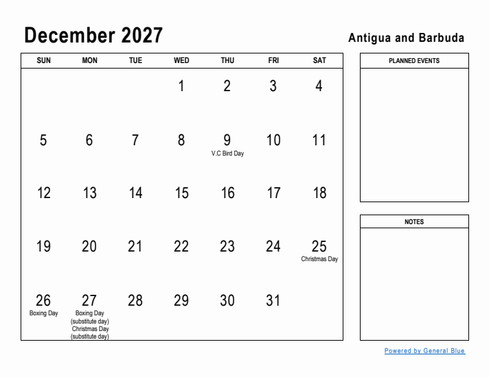 December 2027 Printable Monthly Calendar with Antigua and Barbuda Holidays