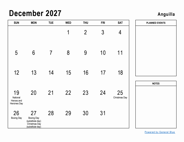 December 2027 Printable Monthly Calendar with Anguilla Holidays