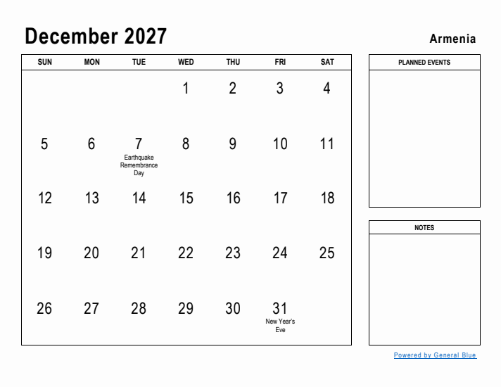 December 2027 Printable Monthly Calendar with Armenia Holidays