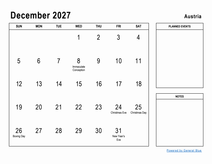 December 2027 Printable Monthly Calendar with Austria Holidays