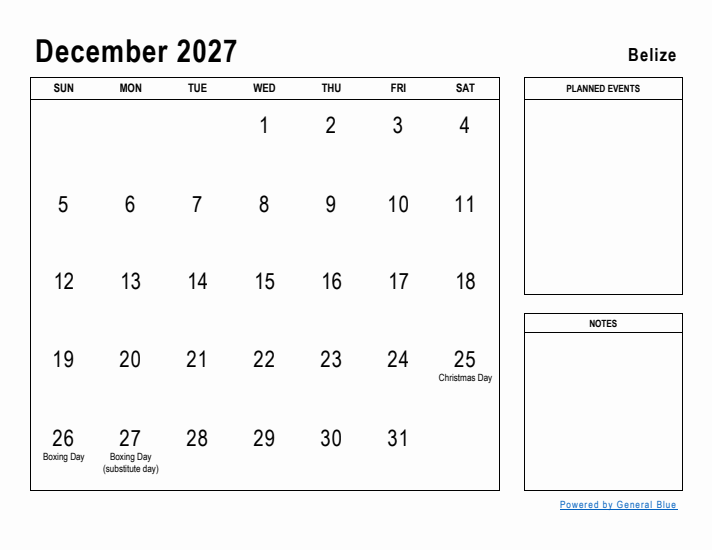 December 2027 Printable Monthly Calendar with Belize Holidays