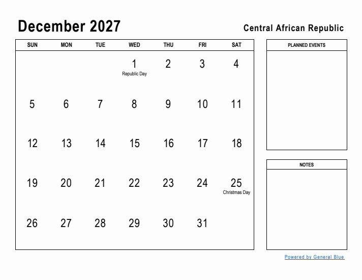 December 2027 Printable Monthly Calendar with Central African Republic Holidays