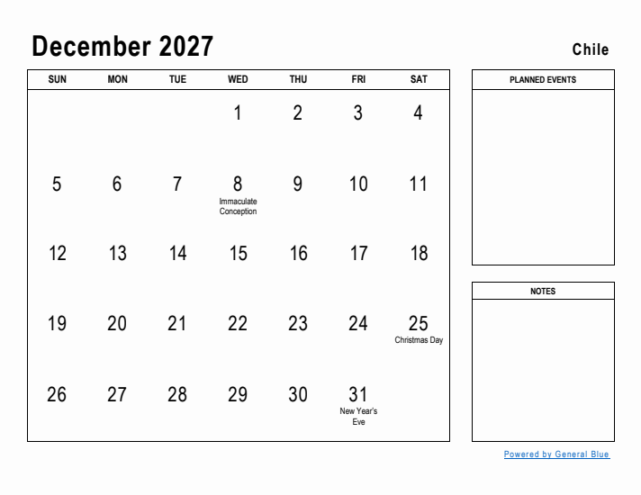 December 2027 Printable Monthly Calendar with Chile Holidays