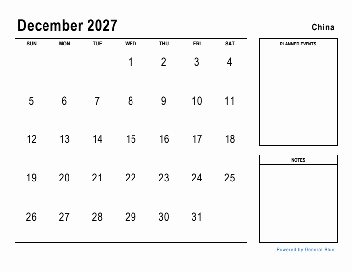 December 2027 Printable Monthly Calendar with China Holidays