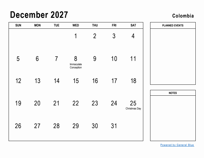 December 2027 Printable Monthly Calendar with Colombia Holidays