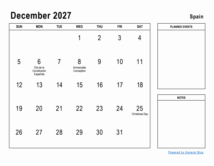 December 2027 Printable Monthly Calendar with Spain Holidays