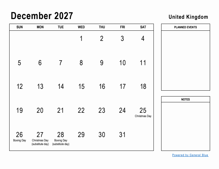 December 2027 Printable Monthly Calendar with United Kingdom Holidays