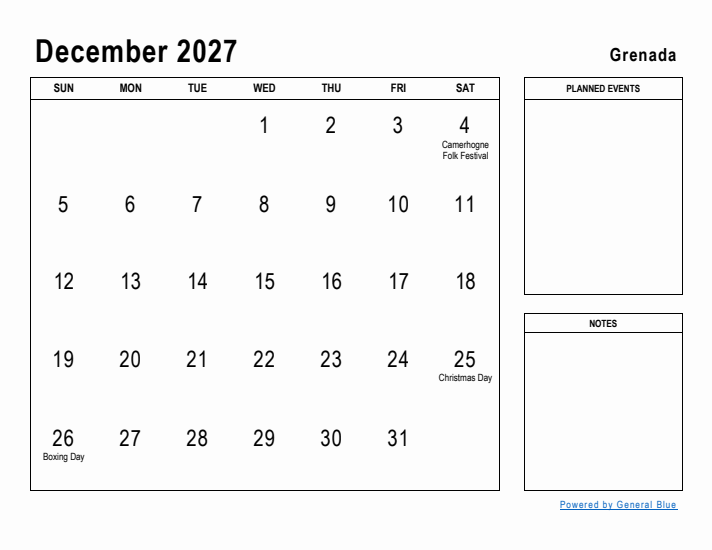 December 2027 Printable Monthly Calendar with Grenada Holidays