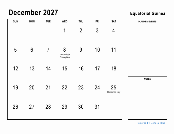 December 2027 Printable Monthly Calendar with Equatorial Guinea Holidays