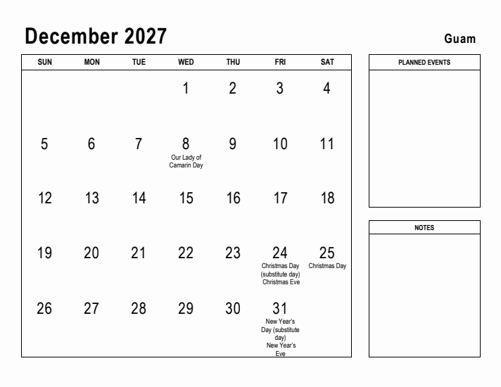 December 2027 Printable Monthly Calendar with Guam Holidays