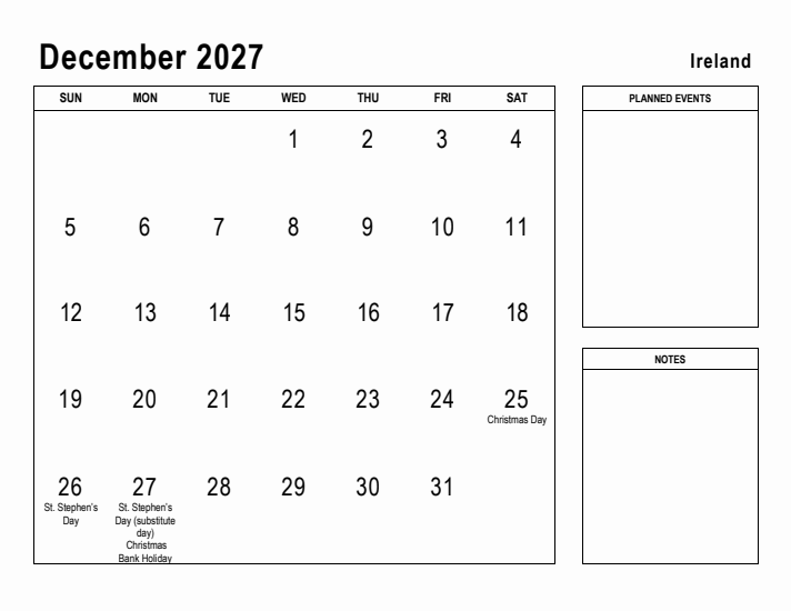 December 2027 Printable Monthly Calendar with Ireland Holidays