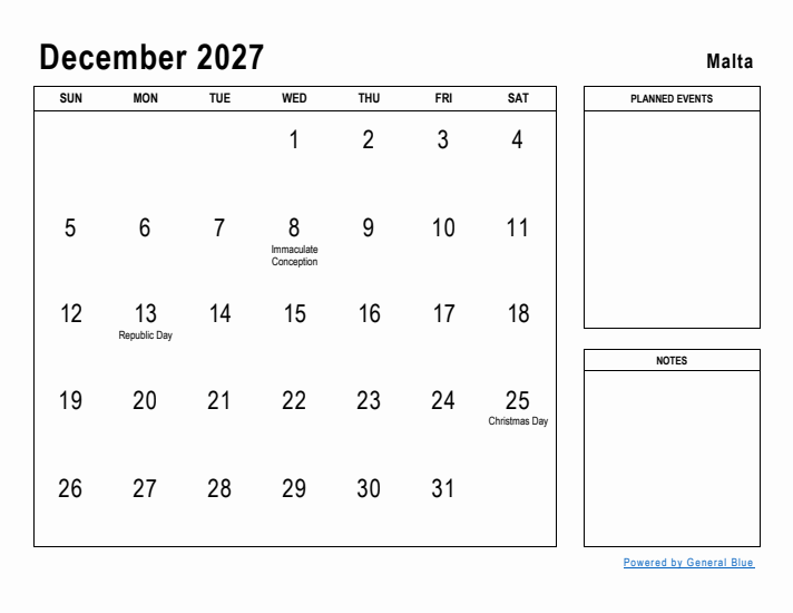 December 2027 Printable Monthly Calendar with Malta Holidays