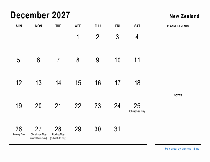 December 2027 Printable Monthly Calendar with New Zealand Holidays