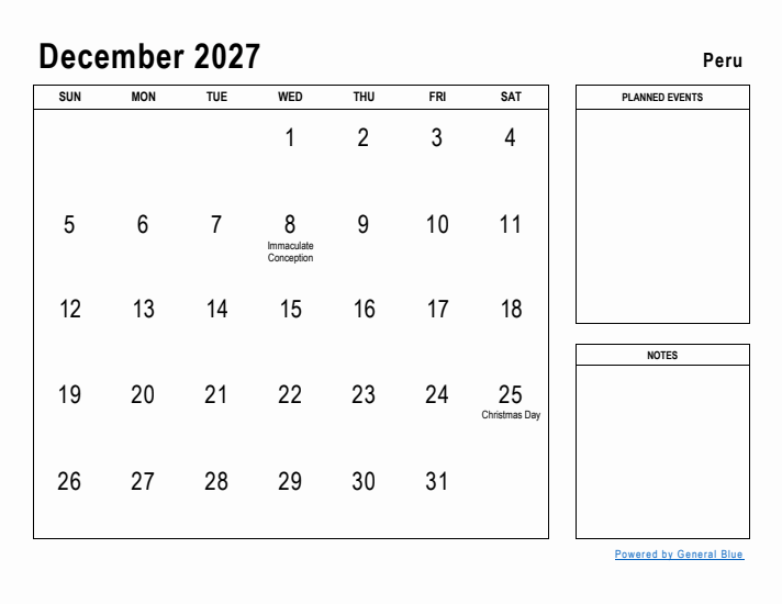 December 2027 Printable Monthly Calendar with Peru Holidays