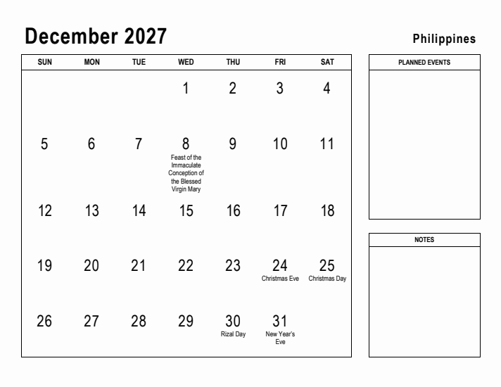 December 2027 Printable Monthly Calendar with Philippines Holidays