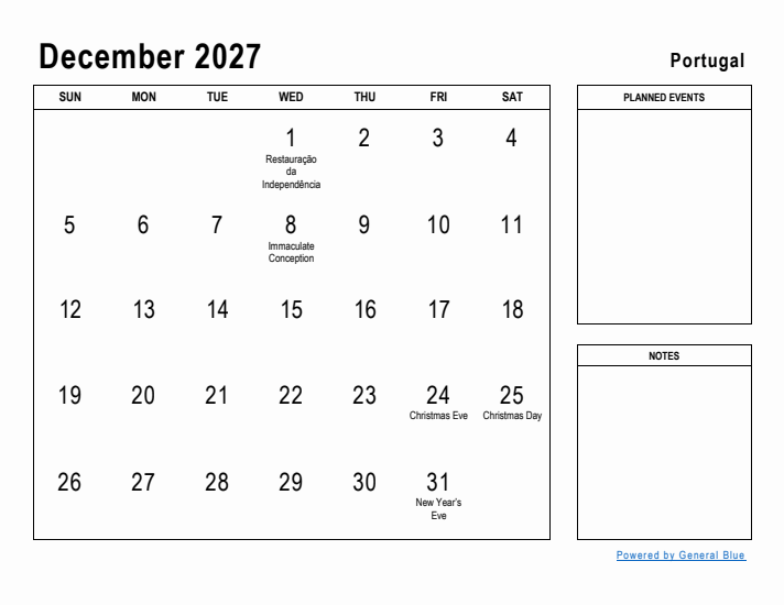 December 2027 Printable Monthly Calendar with Portugal Holidays