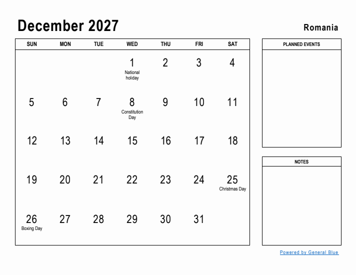 December 2027 Printable Monthly Calendar with Romania Holidays