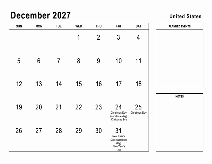 December 2027 Printable Monthly Calendar with United States Holidays