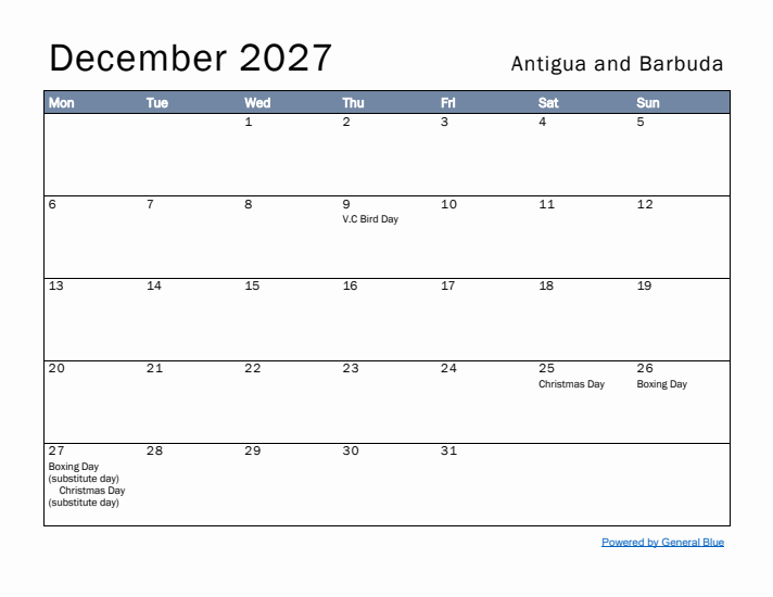 December 2027 Simple Monthly Calendar for Antigua and Barbuda