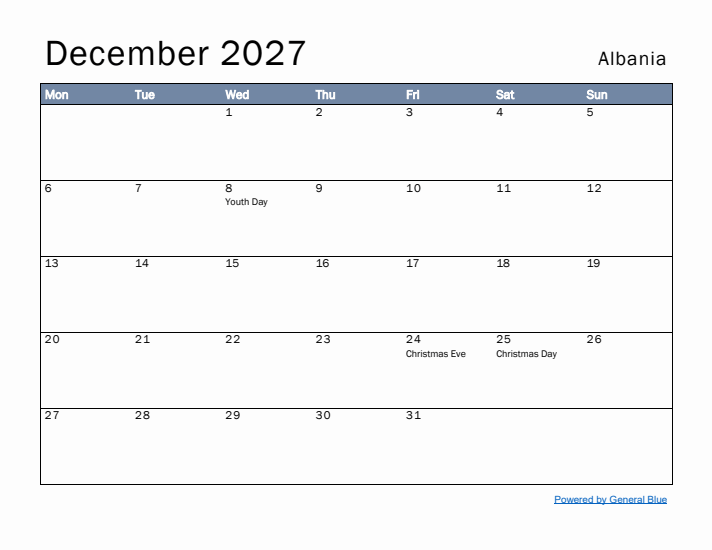 December 2027 Simple Monthly Calendar for Albania