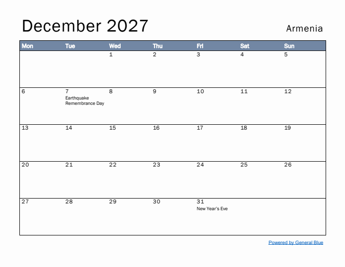 December 2027 Simple Monthly Calendar for Armenia