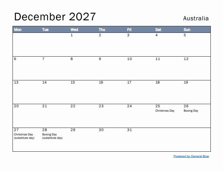 December 2027 Simple Monthly Calendar for Australia