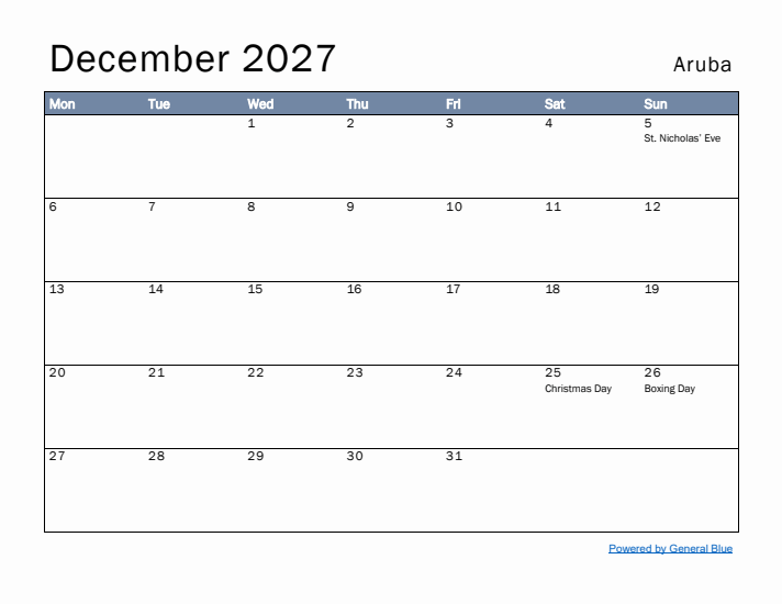 December 2027 Simple Monthly Calendar for Aruba