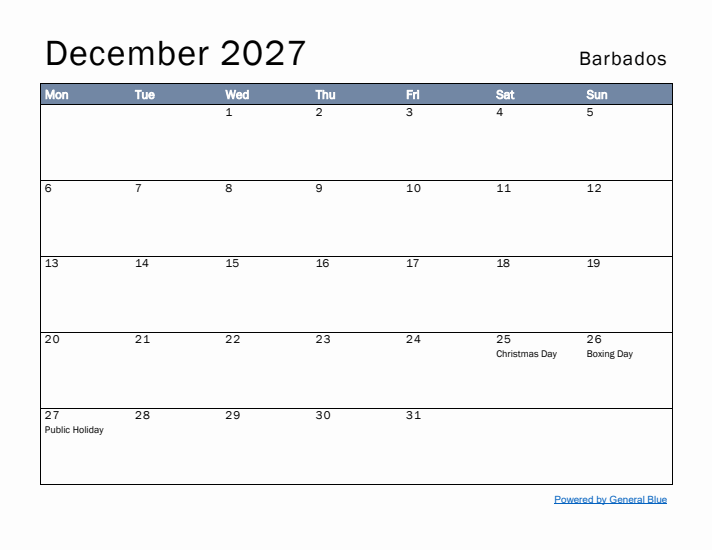 December 2027 Simple Monthly Calendar for Barbados