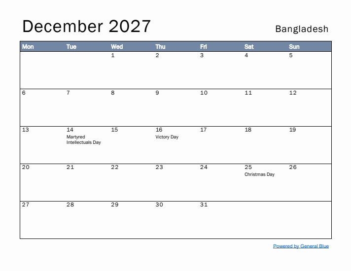 December 2027 Simple Monthly Calendar for Bangladesh