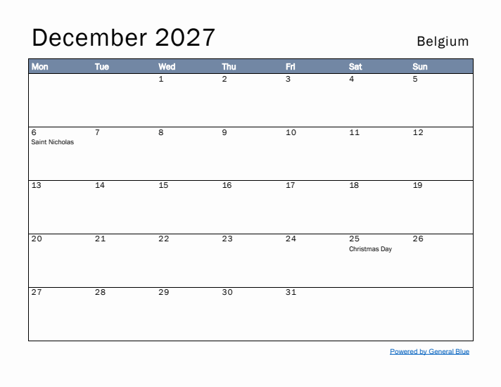 December 2027 Simple Monthly Calendar for Belgium