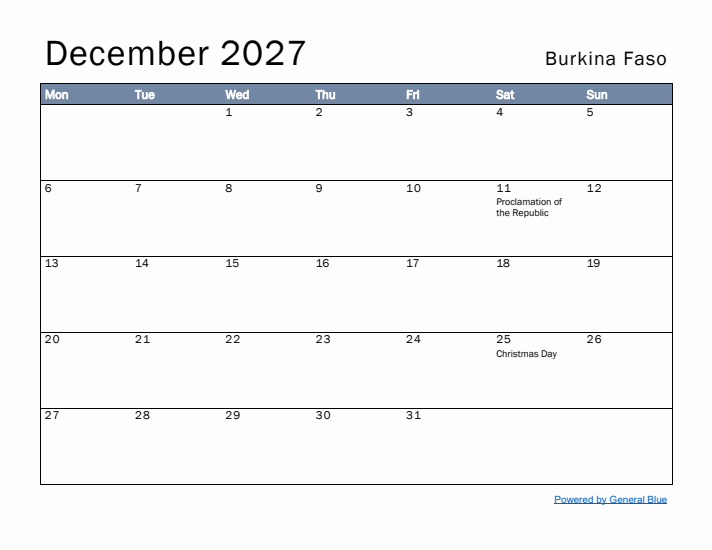 December 2027 Simple Monthly Calendar for Burkina Faso