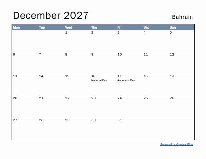 December 2027 Simple Monthly Calendar for Bahrain