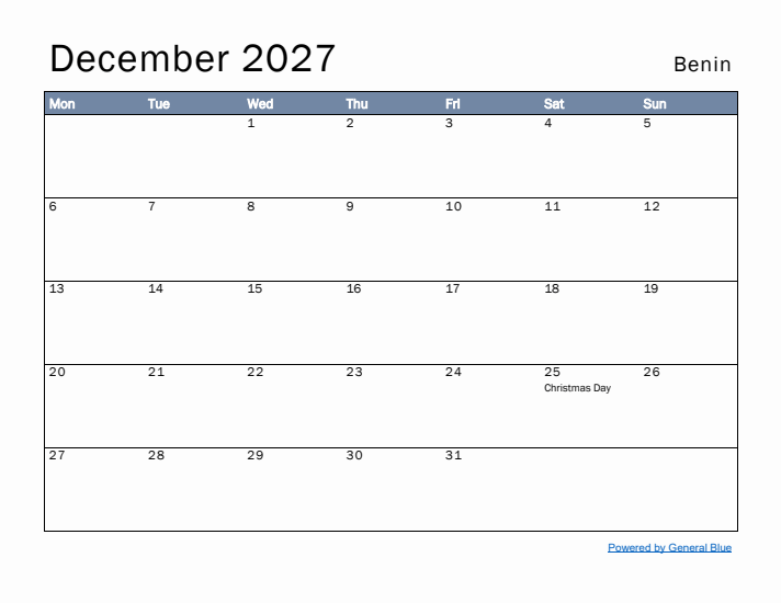 December 2027 Simple Monthly Calendar for Benin