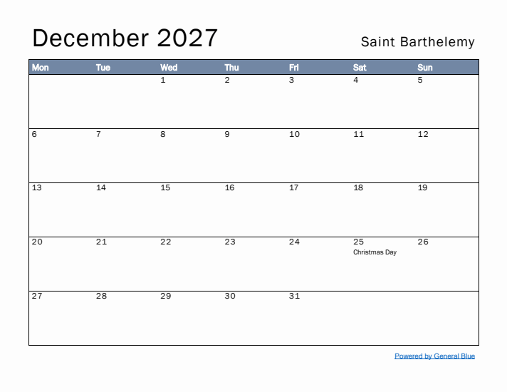 December 2027 Simple Monthly Calendar for Saint Barthelemy