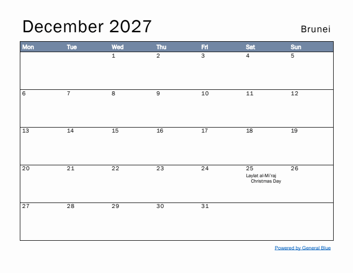 December 2027 Simple Monthly Calendar for Brunei