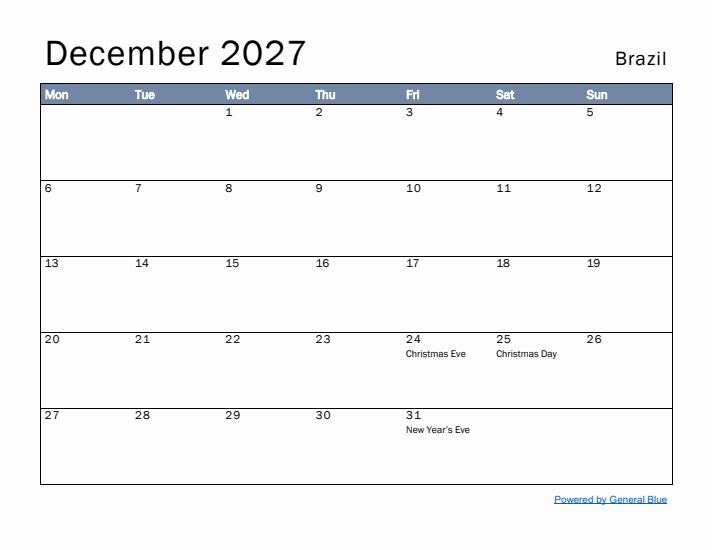 December 2027 Simple Monthly Calendar for Brazil