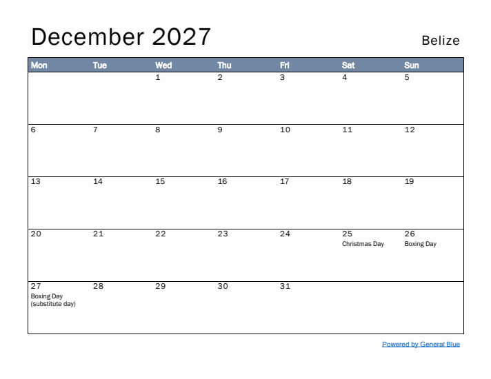 December 2027 Simple Monthly Calendar for Belize