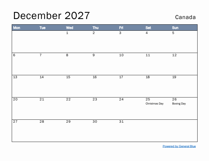 December 2027 Simple Monthly Calendar for Canada