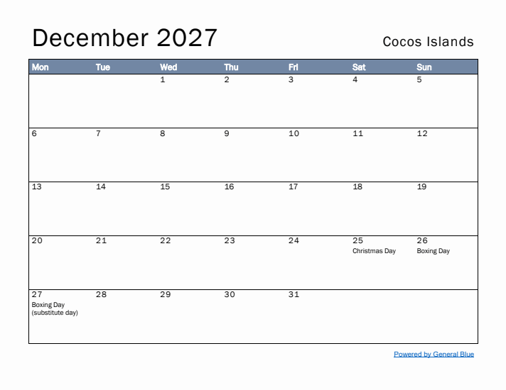 December 2027 Simple Monthly Calendar for Cocos Islands