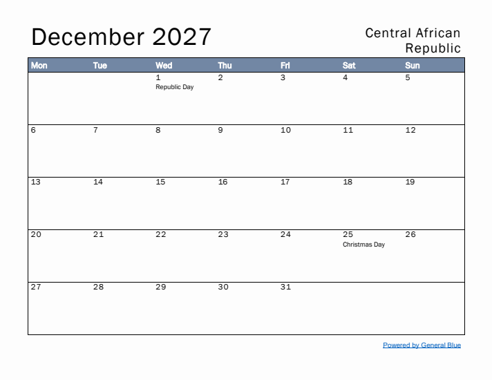 December 2027 Simple Monthly Calendar for Central African Republic