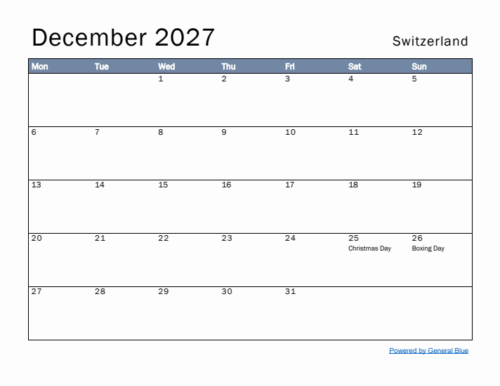 December 2027 Simple Monthly Calendar for Switzerland