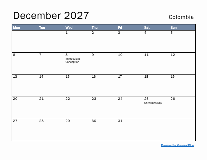 December 2027 Simple Monthly Calendar for Colombia