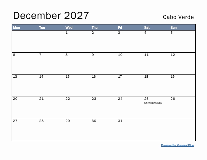 December 2027 Simple Monthly Calendar for Cabo Verde