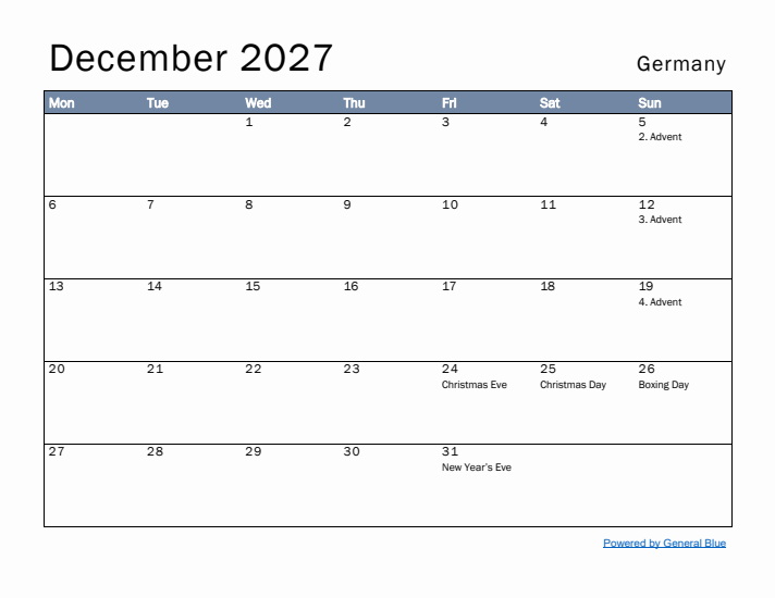 December 2027 Simple Monthly Calendar for Germany