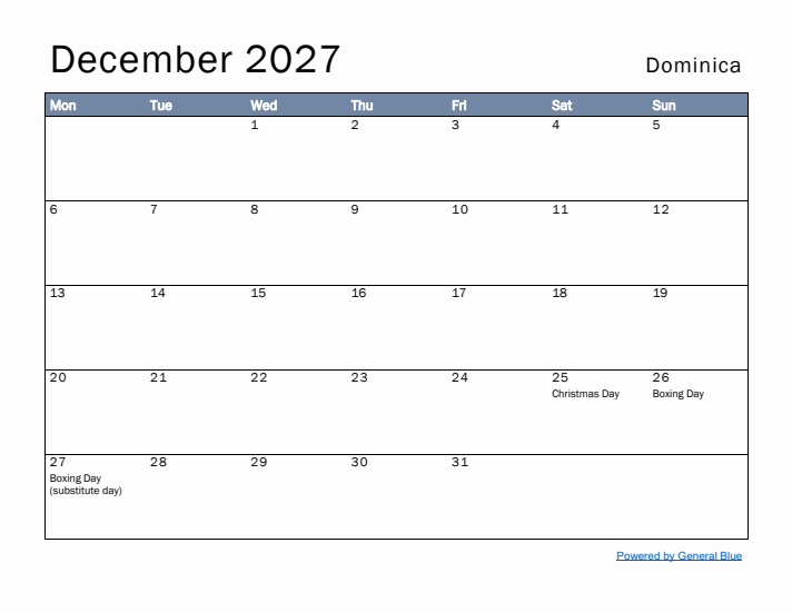 December 2027 Simple Monthly Calendar for Dominica